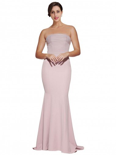 Cheap Straight Neck Long Strapless Formal Crepe Bridesmaid Dress / Prom Dress with Soft Tulle Overlay and Small Train