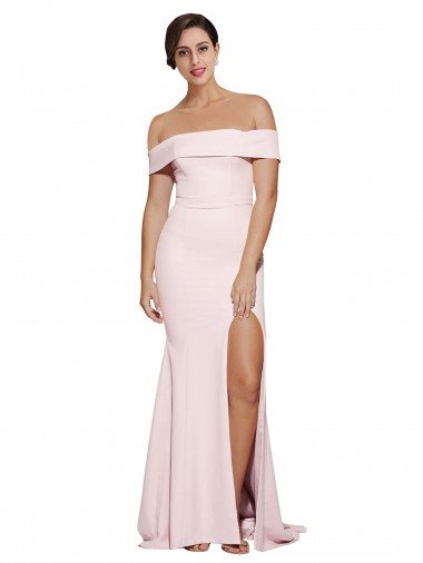 Cheap Off Shoulder Long Formal Crepe Bridesmaid Dress / Prom Dress with Straight Neckline and Side Split