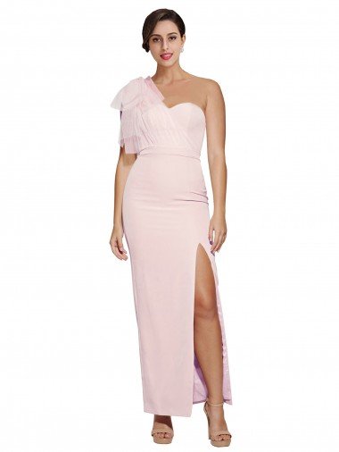 Cheap One Shoulder Tulle Overlay Sweetheart Neckline Long Formal Crepe Bridesmaid Drss with Thigh Split