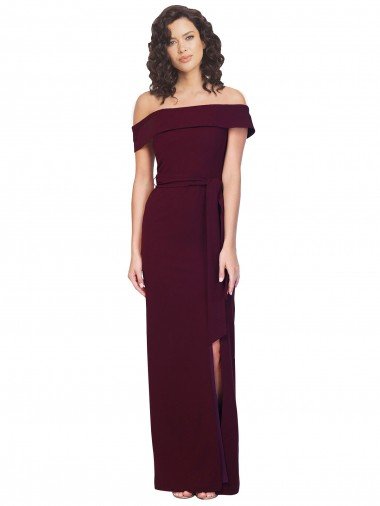 Cheap Fitted Full Length Off the Shoulder Formal Crepe Bridesmaid Dress / Prom Dress with Side Split and Waist Tie