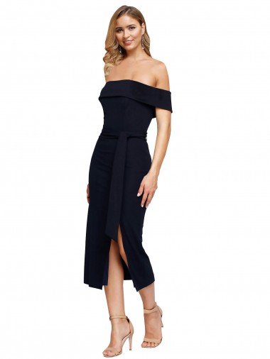 Cheap Fitted Short Cocktail Midi Length Off the Shoulder Formal Crepe Bridesmaid Dress / Prom Dress with Side Split and Waist Tie