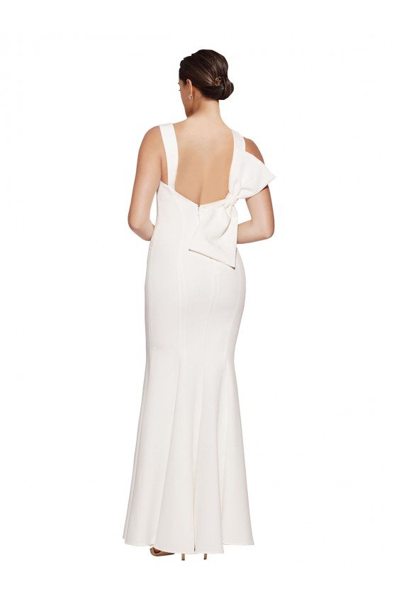 Full Length Square Neck Formal Crepe Bridesmaid Dress / Prom Dress with Asymmetrical Straps and Bow Back