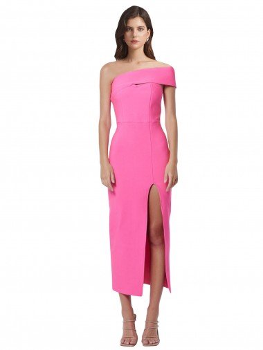 Cheap One Shoulder Neckline Short Midi Length Formal Crepe Bridesmaid Dress / Cocktail Prom Dress