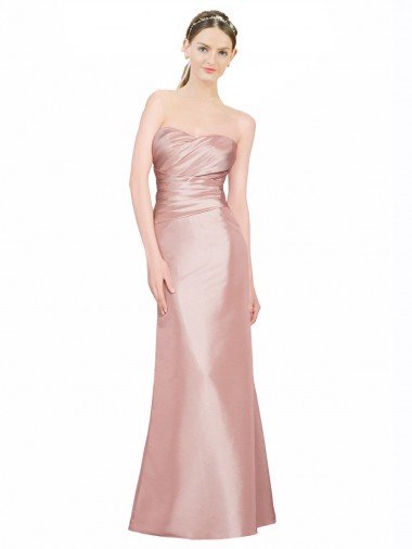 Cheap Long Strapless Formal Stretch Satin Bridesmaid Dress / Prom Dress with Pleats and Low Back