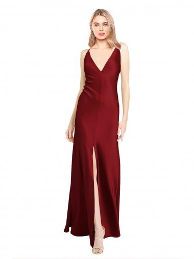 Cheap Floor Length Deep V-Back Formal Stretch Satin Bridesmaid Dress / Prom Dress with Front Slit