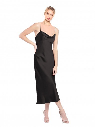 Cheap Cowl Neck Midi Length Short Cocktail Formal Stretch Satin Slip Bridesmaid Dress / Prom Dress