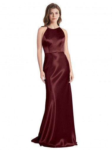 Cheap High Neck Halter Long Sleeveless Formal Stretch Satin Bridesmaid Dress / Prom Dress with Strappy Back