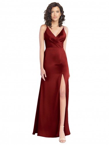 Cheap Faux Surplice Neckline Long Slim A-Line Formal Stretch Satin Bridesmaid Dress / Prom Dress