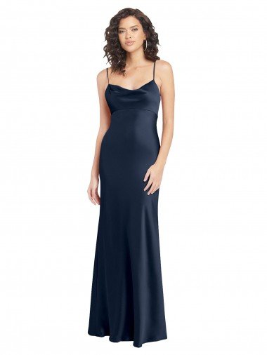 Cheap Cowl Neck Long Empire Waist Formal Stretch Satin Bridesmaid Dress with Open Back