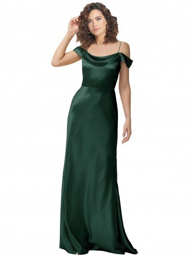 Cheap Off the Shoulder Sleeves Long Formal Stretch Satin Bridesmaid Dress / Prom Dress with Pleated Draped Neckline