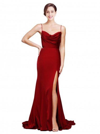 Cheap Cowl Front Neck Sweep Train Formal Stretch Satin Bridesmaid Dress / Prom Dress with High Side Split