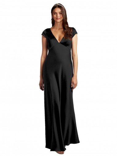 Cheap Plunging V-Neck Cap Cleeves Long Formal Stretch Satin Bridesmaid Dress / Prom Dress with Keyhole Back