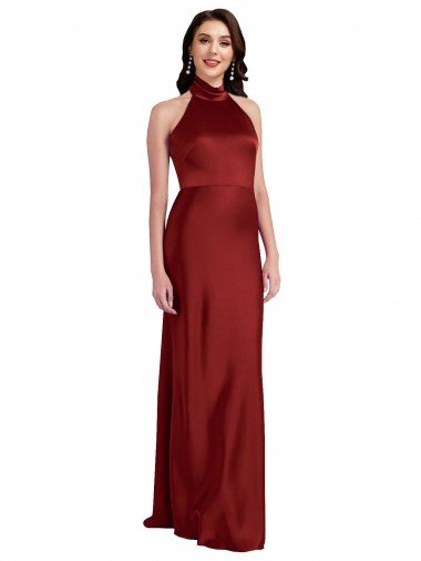Cheap Backless Halter Long Formal Stretch Satin Bridesmaid Dress / Prom Dress