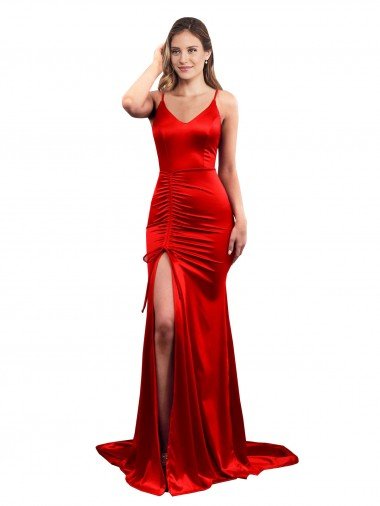 Cheap Long Pleated Formal Stretch Satin Bridesmaid Dress / Prom Dress with High Slit