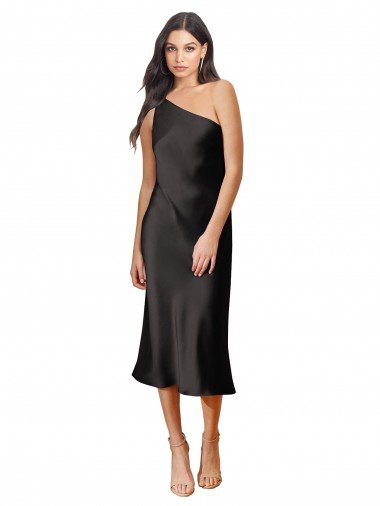 Cheap Sleek One Shoulder Midi Length Short Cocktail Formal Stretch Satin Slip Bridesmaid Dress / Prom Dress