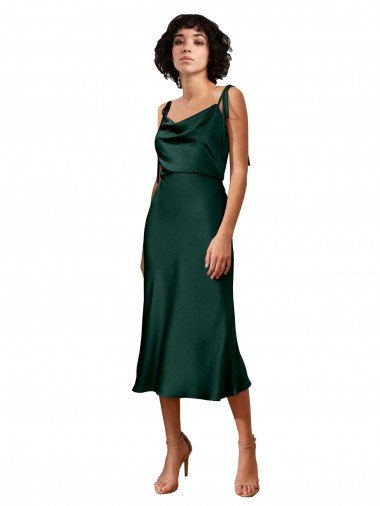 Cheap Spaghetti Straps Tie Shoulders Cowl Neck Short Midi Length Formal Stretch Satin Cocktail Bridesmaid Dress / Prom Dress