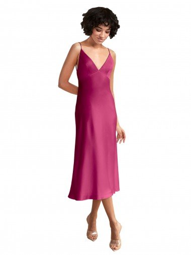 Cheap Midi Length V-Neck Short Formal Stretch Satin Bridesmaid Dress / Cocktail Prom Dress with Low Scoop Back