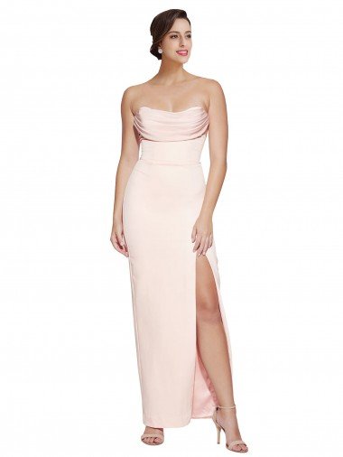 Cheap Cowl Neck Strapless Formal Stretch Satin Bridesmaid Dress / Prom Dress with High Split