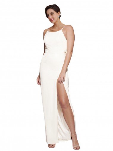 Cheap High Neck Formal Stretch Satin Bridesmaid Dress / Prom Dress with Low Back and Side Slit