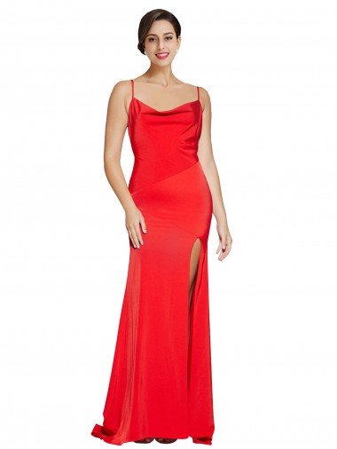 Cheap Low Back Cowl Neck Formal Stretch Satin Bridesmaid Dress / Prom Dress with High Side Slit