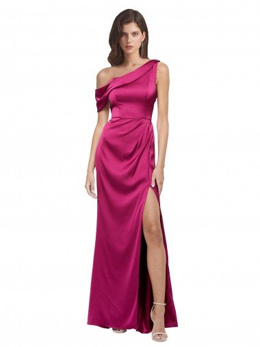 Cheap Off the Shoulder Short Sleeves Formal Stretch Satin Bridesmaid Dress / Prom Dress with Side Slit