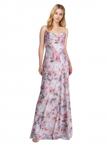 Cheap Draped Cowl Neck Long Printed Formal Stretch Satin Bridesmaid Dress