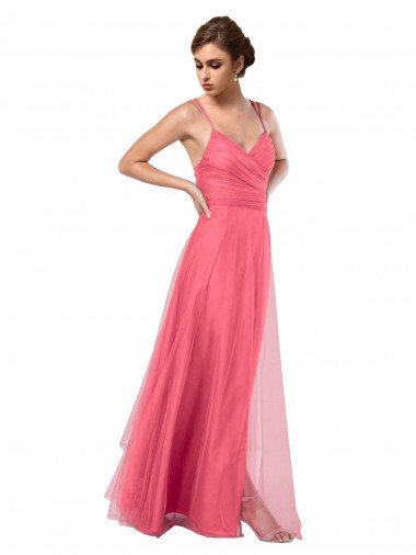 Cheap Flowy A-Line Tulle Bridesmaid Dress with Double Straps and V-Neck