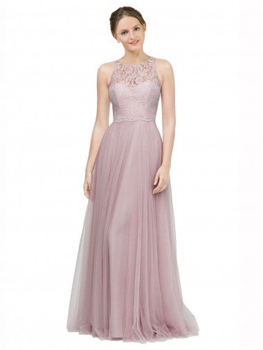 Cheap High Neck Long Tulle Bridesmaid Dress with Lace Bodice