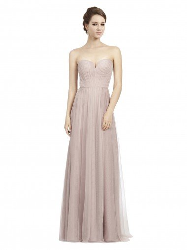 Cheap Long Strapless Tulle Bridesmaid Dress with Pleated Bodice