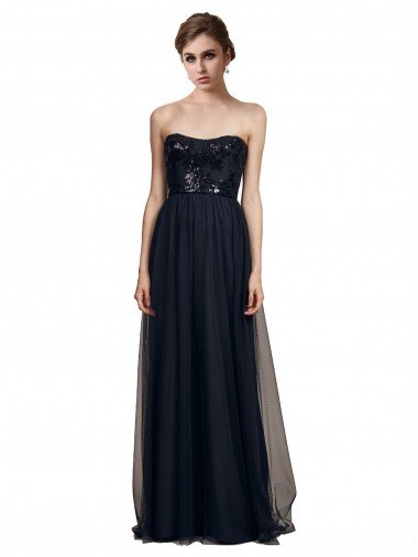 Cheap Strapless Sequined Lace Long Bridesmaid Dress with Pleats