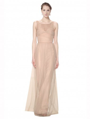 Cheap Long Tulle Bridesmaid Dress with Illusion Neck