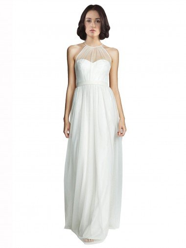 Cheap High Neckline Long Tulle Bridesmaid Dress with Illusion Front