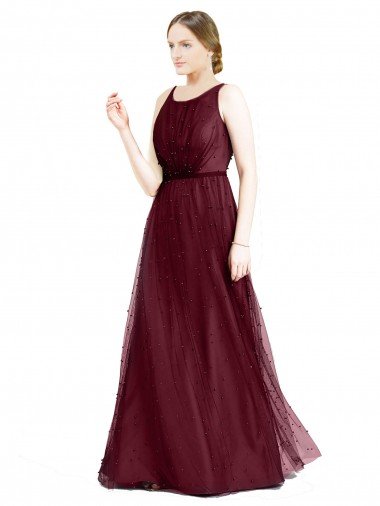 Cheap Sleeveless Boat Neck Long Pearl Tulle Bridesmaid Dress with Keyhole Back