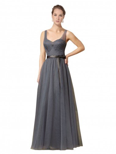 Cheap Sweetheart Long Tulle Bridesmaid Dress with Sash