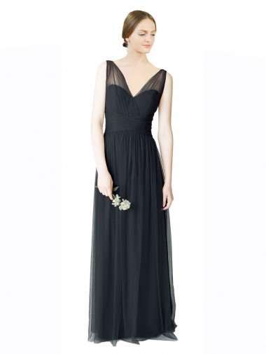Cheap Long Tulle Bridesmaid Dress with Illusion Shoulder Straps and V-Back
