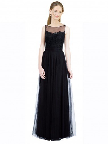 Cheap Full Length Tulle Bridesmaid Dress with Lace Bodice and Soft Tulle Illusion Top
