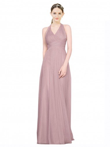 Cheap Ruffled Halter V-Neck Long Tulle Bridesmaid Dress with Pleats