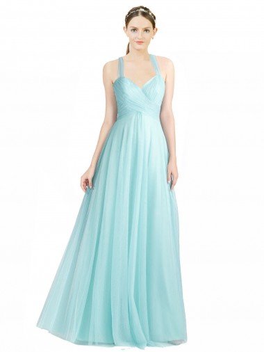 Cheap Ruched Sweetheart Neckline A-Line Tulle Bridesmaid Dress with Tie Open Back