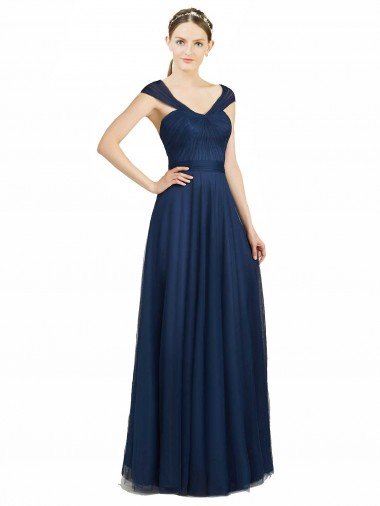 Cheap Ruched Sweetheart Long A-Line Tulle Bridesmaid Dress with Wide Straps and Tie Back