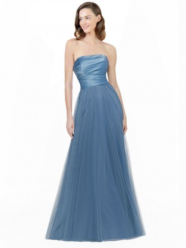 Cheap Long Strapless Bridesmaid Dress with Soft Tulle Overlay