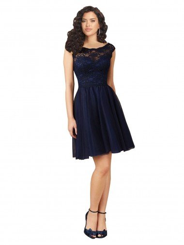 Cheap Short Bateau Neck Tulle Cocktail Bridesmaid Dress with Lace Bodice
