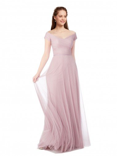 Cheap Off the Shoulder Long A-Line Tulle Bridesmaid Dress