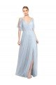 Floor Length Flutter Sleeves Long Tulle Bridesmaid Dress with Side Slit