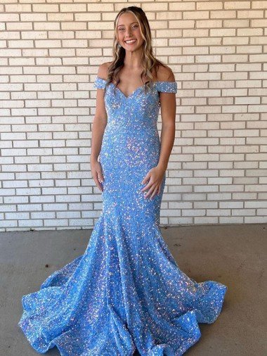Cheap Mermaid Off the Shoulder Sleeveless Long Floor Length Velvet Sequin Prom Dress