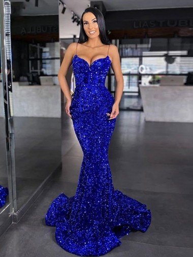 Cheap Mermaid Spaghetti Straps Sleeveless Long Sweep Train Velvet Sequin Prom Dress