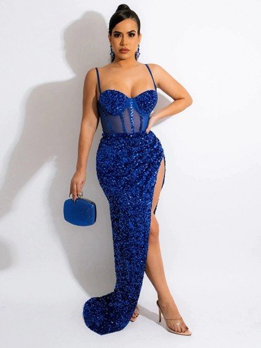 Cheap Long Sweep Train Spaghetti Straps Sleeveless Velvet Sequin Prom Dress with Slit