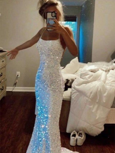 Cheap Long Spaghetti Straps Sleeveless Sweep Train Velvet Sequin Prom Dress