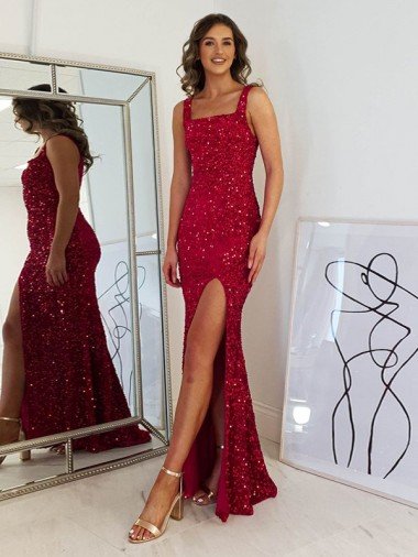 Cheap Square Neck Sleeveless Long Velvet Sequin Prom Dress with Slit