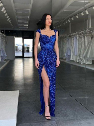 Cheap Sleeveless Long Sweep Train Velvet Sequin Prom Dress with High Slit and Straps