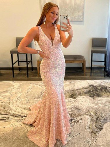 Cheap Deep V-Neck Sleeveless Long Low Back Velvet Sequin Prom Dress